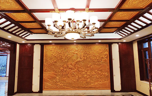 兴宁中式别墅客厅中式木作横梁吊顶装饰展示